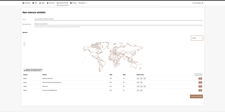 Legacy New network whitelist screen: blank world map with a country dropdown on the right, networks listed in a table below (Vodafone Ireland Plc, Three Ireland Services, Eircom Ltd, Three Ireland).