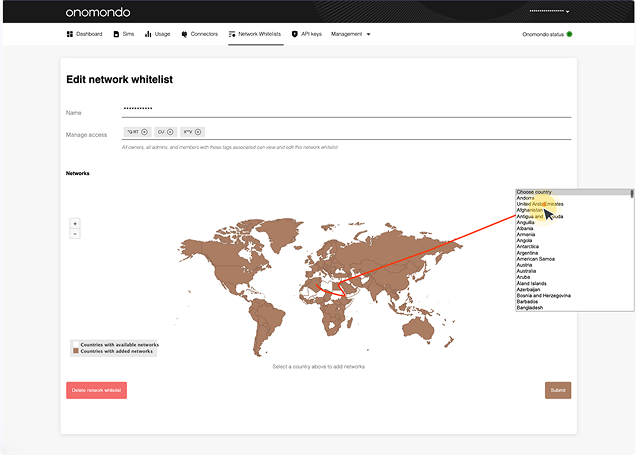 Nielsen heuristic audit of the legacy Edit network whitelist. Annotated with three heuristic clusters on the right: User Control and Freedom (map navigation effort, zooming, no overview of edits, no unsaved-change reminders). Visibility of System Status (no count of networks in the list, no per-country network count). Match Between System and the Real World (unclear that users must click a country to see networks, unclear Submit button meaning).