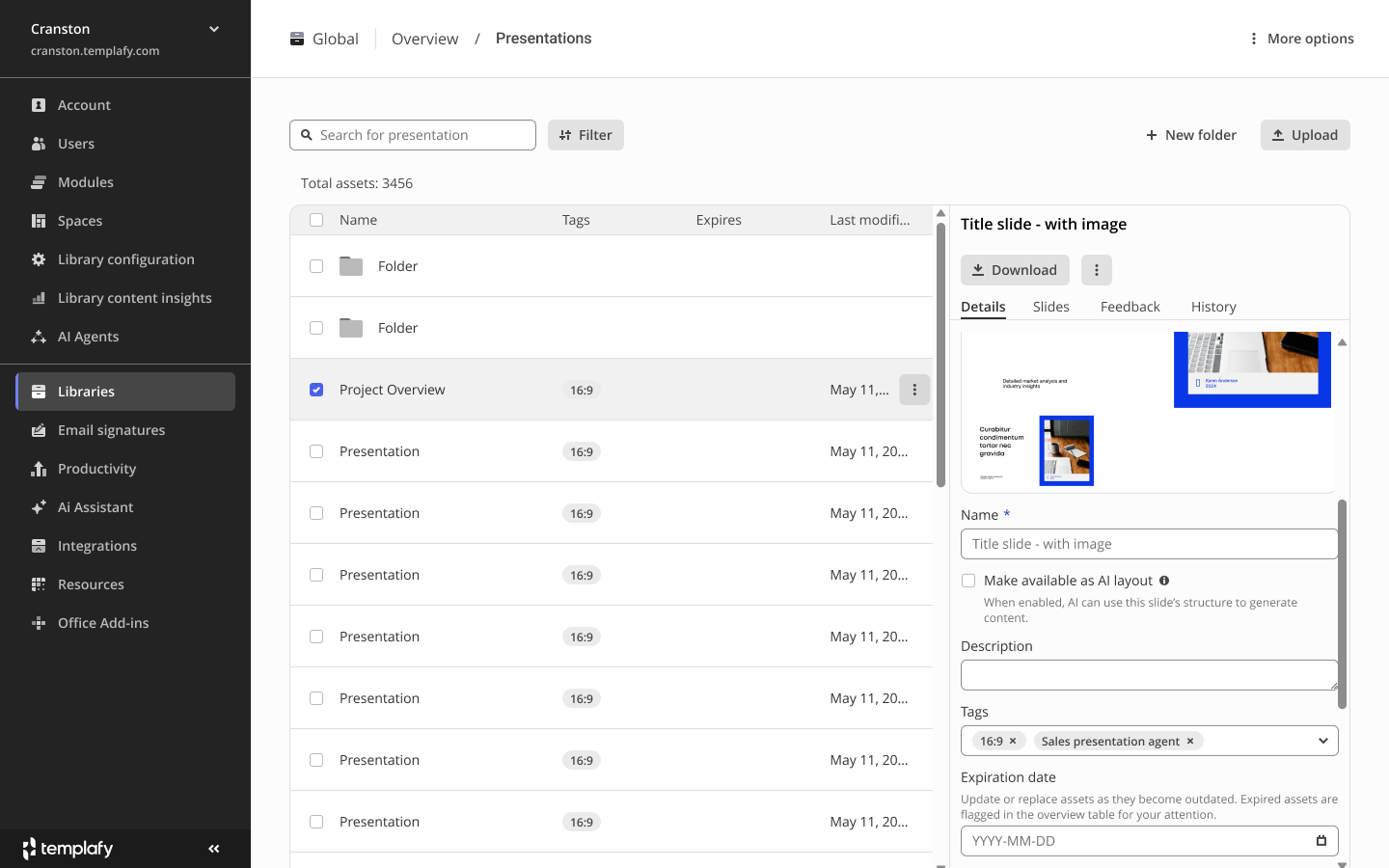 Library admin view in Templafy showing the tags column on slides and a detail panel with Make available as AI layout toggle and tags including Sales presentation agent