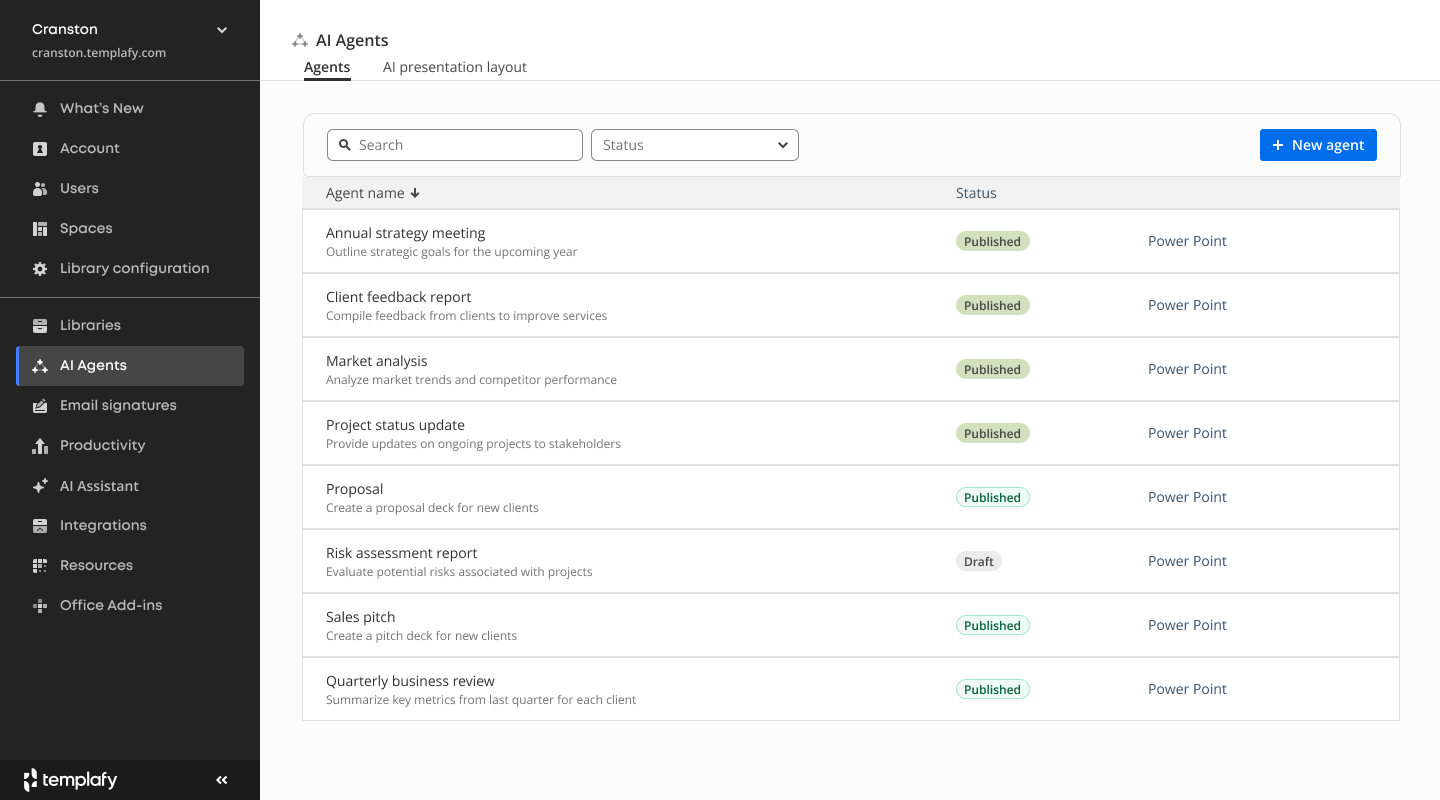Old admin center screen showing a list of published AI agents for different document types: annual strategy meeting, client feedback report, market analysis, proposal, and others.