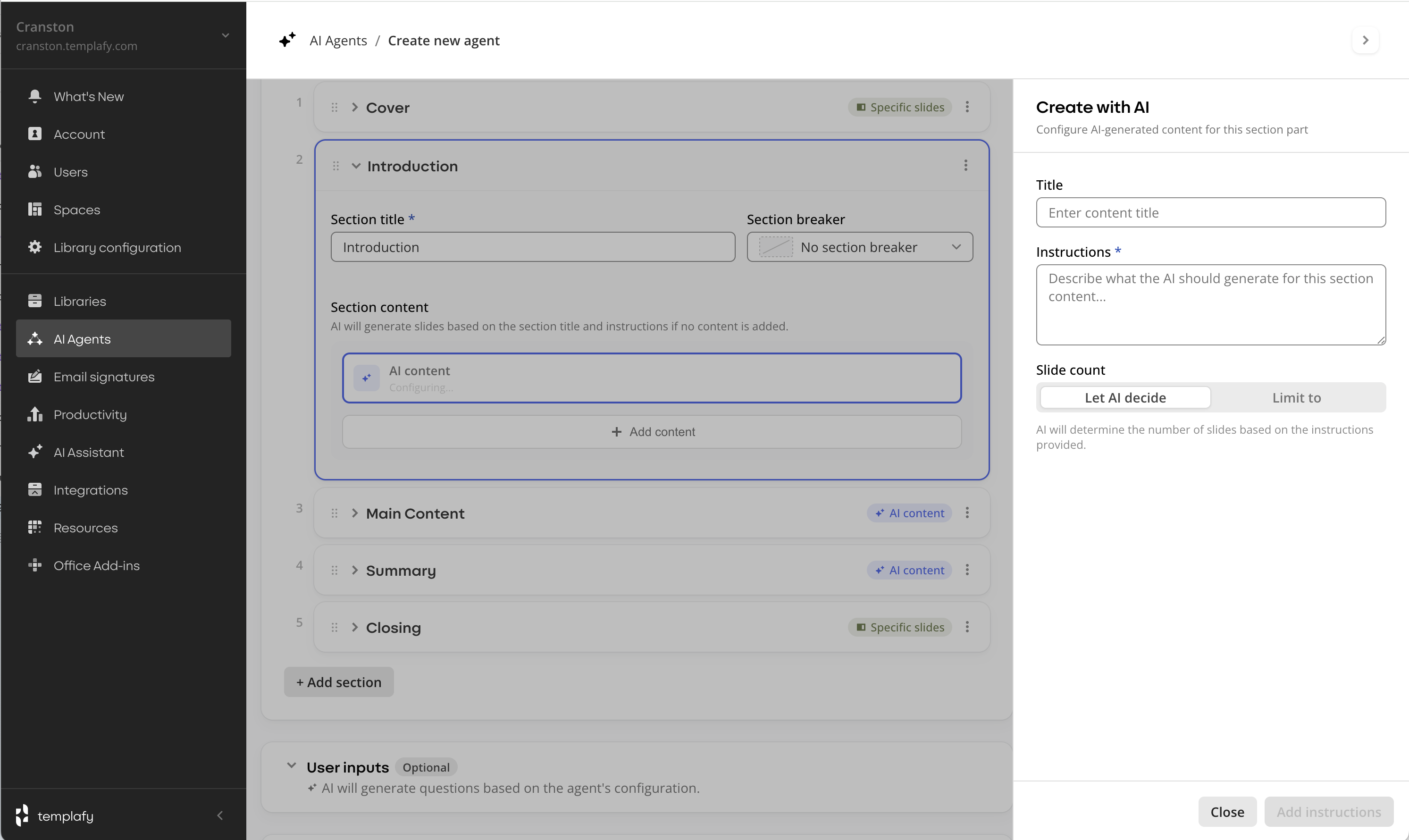 Admin center, Create new agent: Presentation outline with the Introduction section expanded to show an AI content item. The right-side 'Create with AI' panel shows empty Title and Instructions fields, with a Slide count toggle between 'Let AI decide' and 'Limit to'.