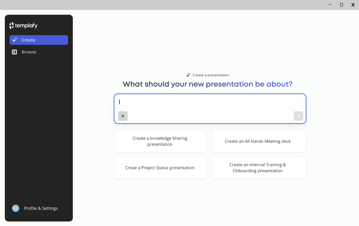 End-user interface for the universal document agent: a prompt box asking what the new presentation should be about.