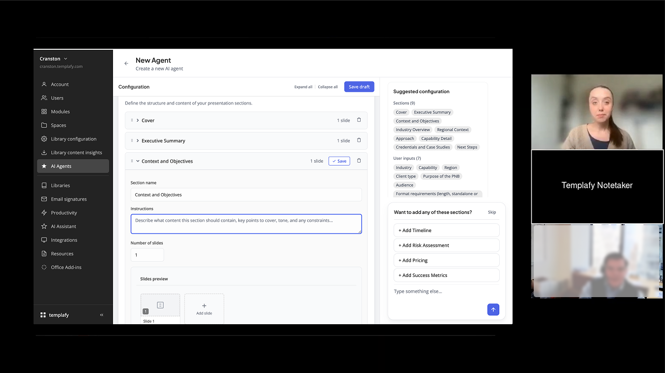 Chat-based prototype mid-test: section accordion on the left with Cover, Executive Summary, and Context and Objectives expanded; right-side 'Suggested configuration' panel with section and user-input chips and a chat input. Templafy Notetaker recording window in the corner.
