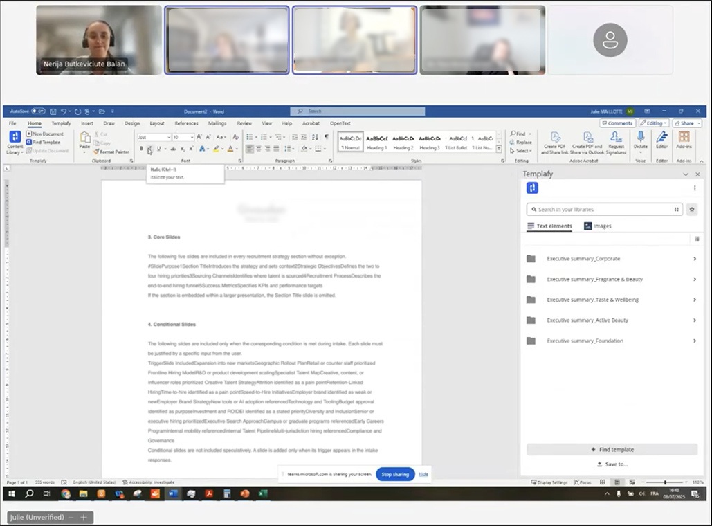 Screen share from a customer session showing a Word document service blueprint: sections like Core Slides and Conditional Slides, with descriptions of which slides belong in each section and the rules for when they are included.