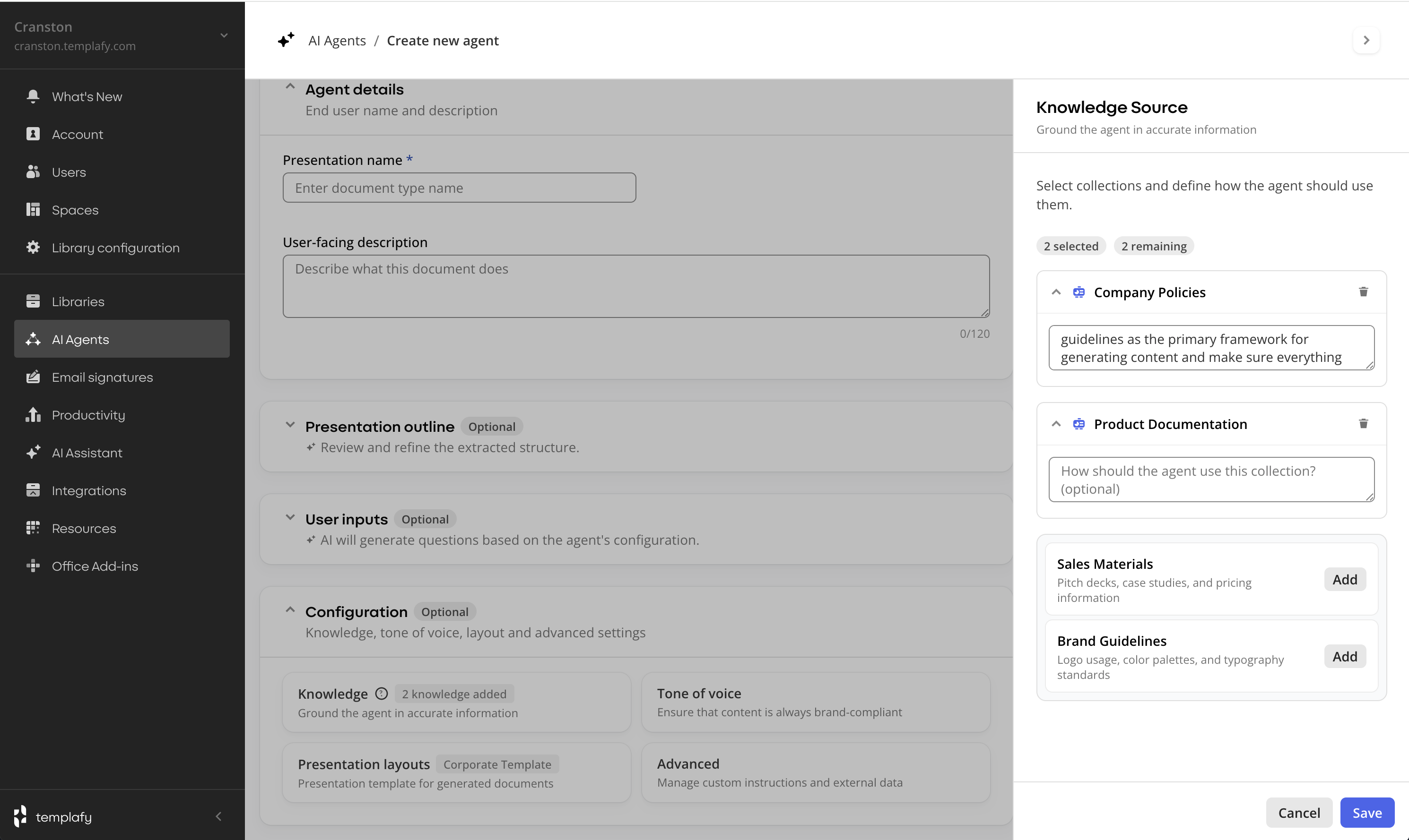Admin center, Create new agent: Agent details with Presentation name and User-facing description, Configuration panel showing Knowledge (2 knowledge added), Tone of voice, Presentation layouts, and Advanced. A right-side Knowledge Source panel shows Company Policies and Product Documentation selected, each with a per-source instructions field, plus Sales Materials and Brand Guidelines available to add.