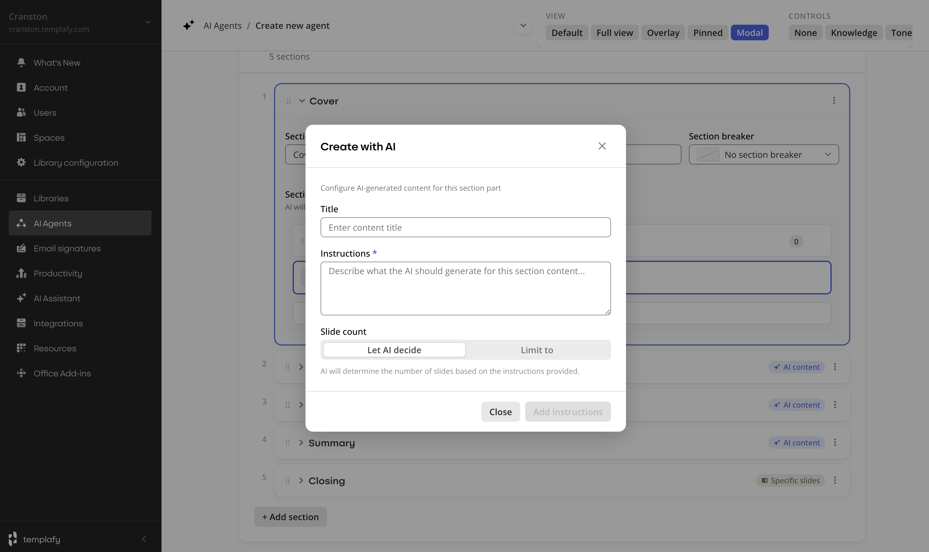 Prototype state with a Modal toggle selected. A centred 'Create with AI' dialog overlays the dimmed section list, with Title, Instructions, and Slide count fields, plus Close and Add instructions buttons.