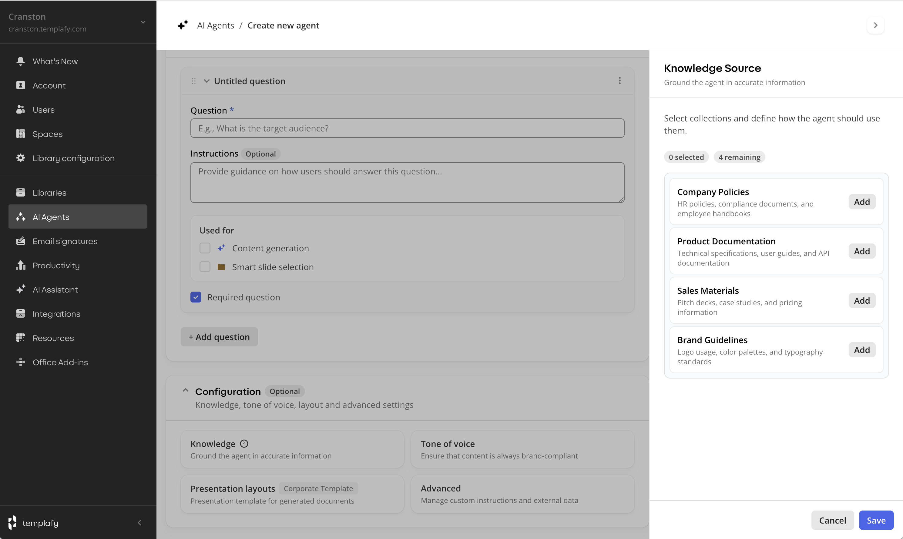Prototype with the Knowledge Source panel slid in over the main content. The section configuration stays visible underneath while the overlay pane shows knowledge collections (Company Policies, Product Documentation, Sales Materials, Brand Guidelines) ready to be added.