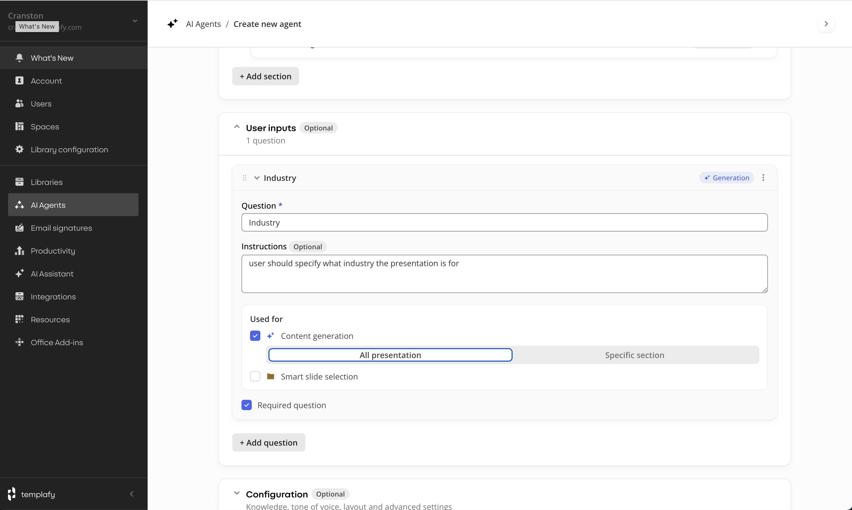 Admin center, Create new agent: User inputs section with an 'Industry' question. Instructions read 'user should specify what industry the presentation is for'. Under 'Used for', Content generation is checked with a scope toggle showing 'All presentation' selected versus 'Specific section'. Smart slide selection is unchecked. Required question is on.