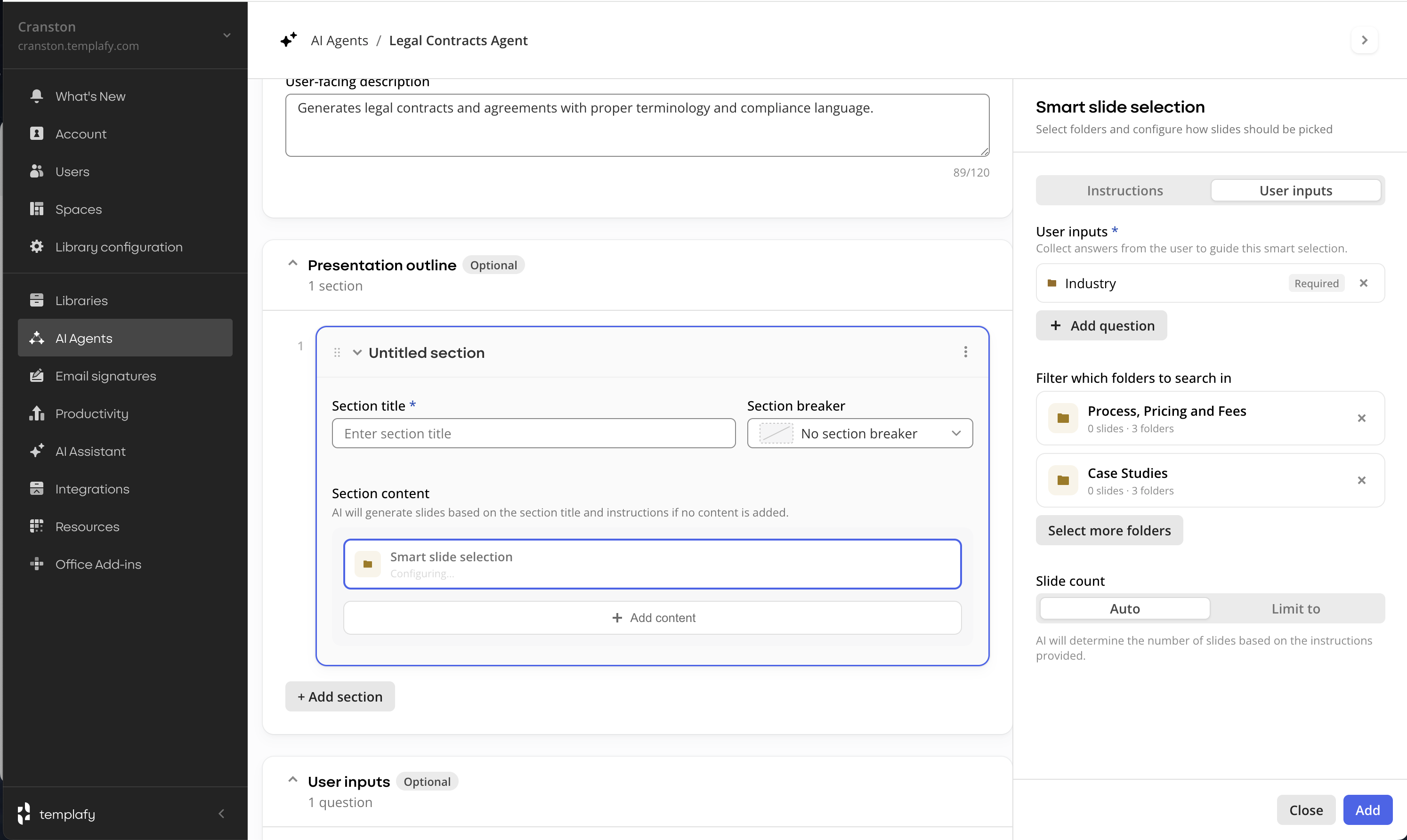 Admin center, Legal Contracts Agent: Smart slide selection side pane. User inputs shows an 'Industry' question marked Required. Folders to search in: Process, Pricing and Fees, and Case Studies. Slide count set to Auto.