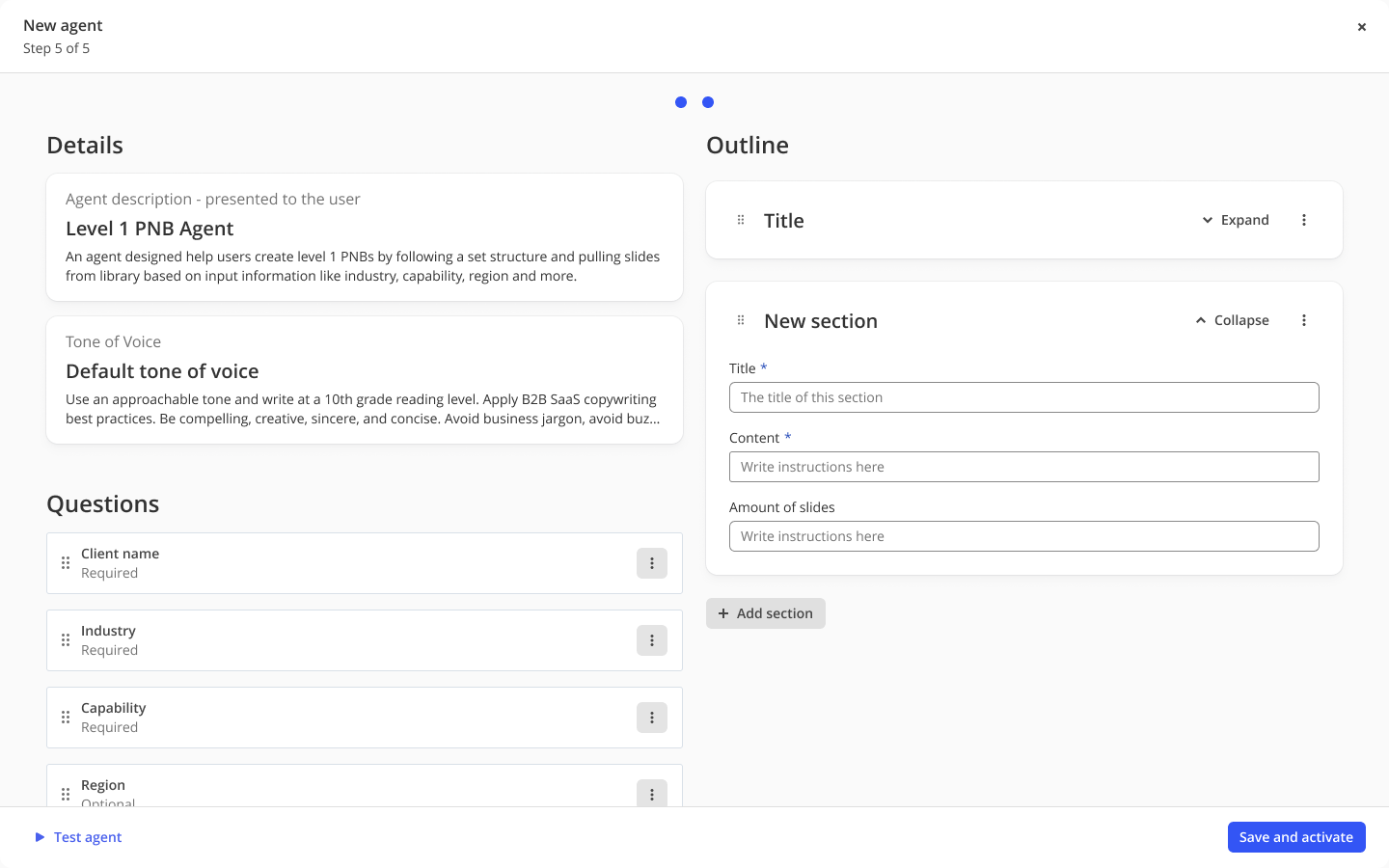 Final step of the old creation flow: a full-screen modal cramming details, questions, and a section outline into a single dense view.
