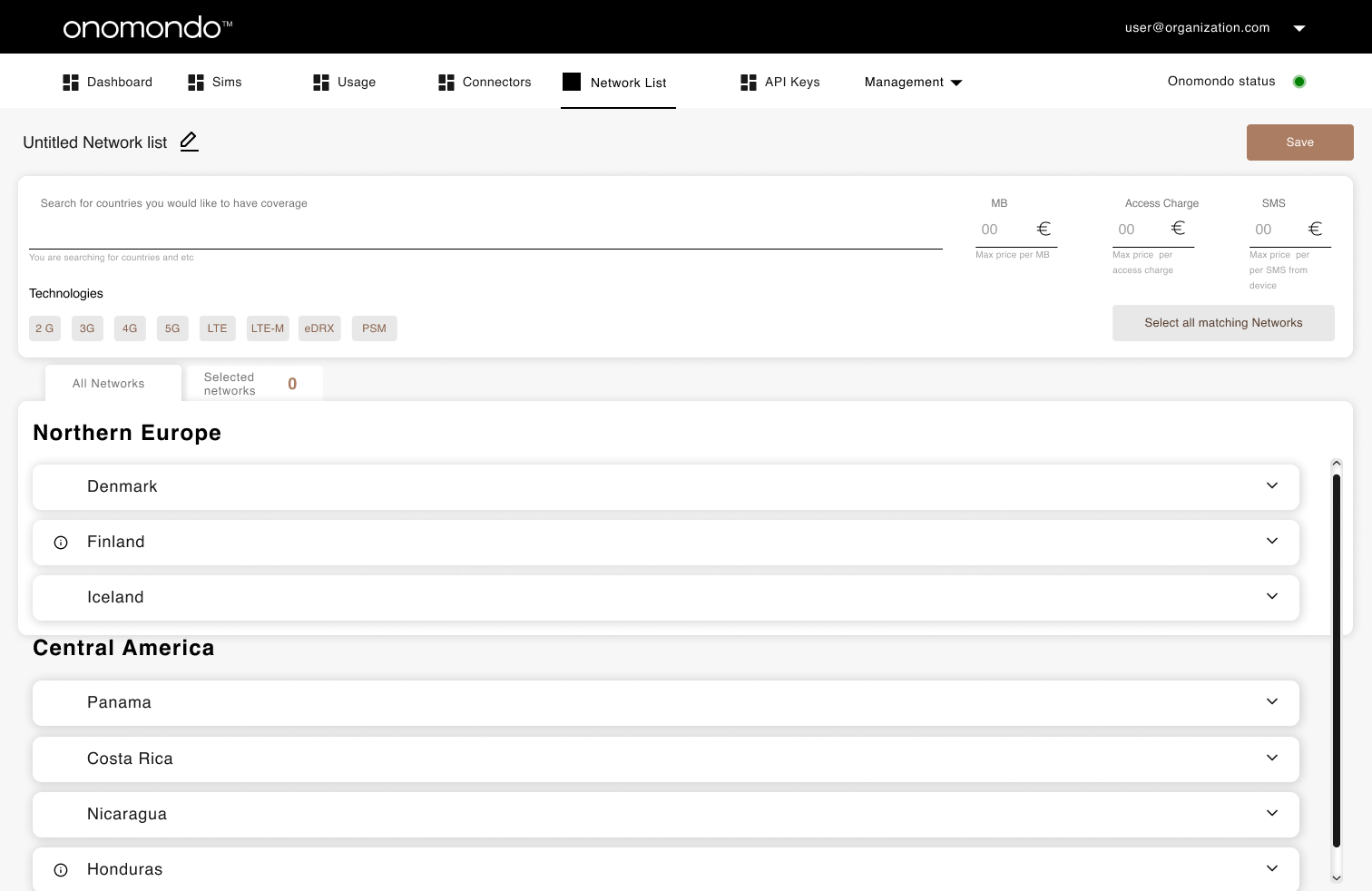 Empty state All Networks tab with region groups