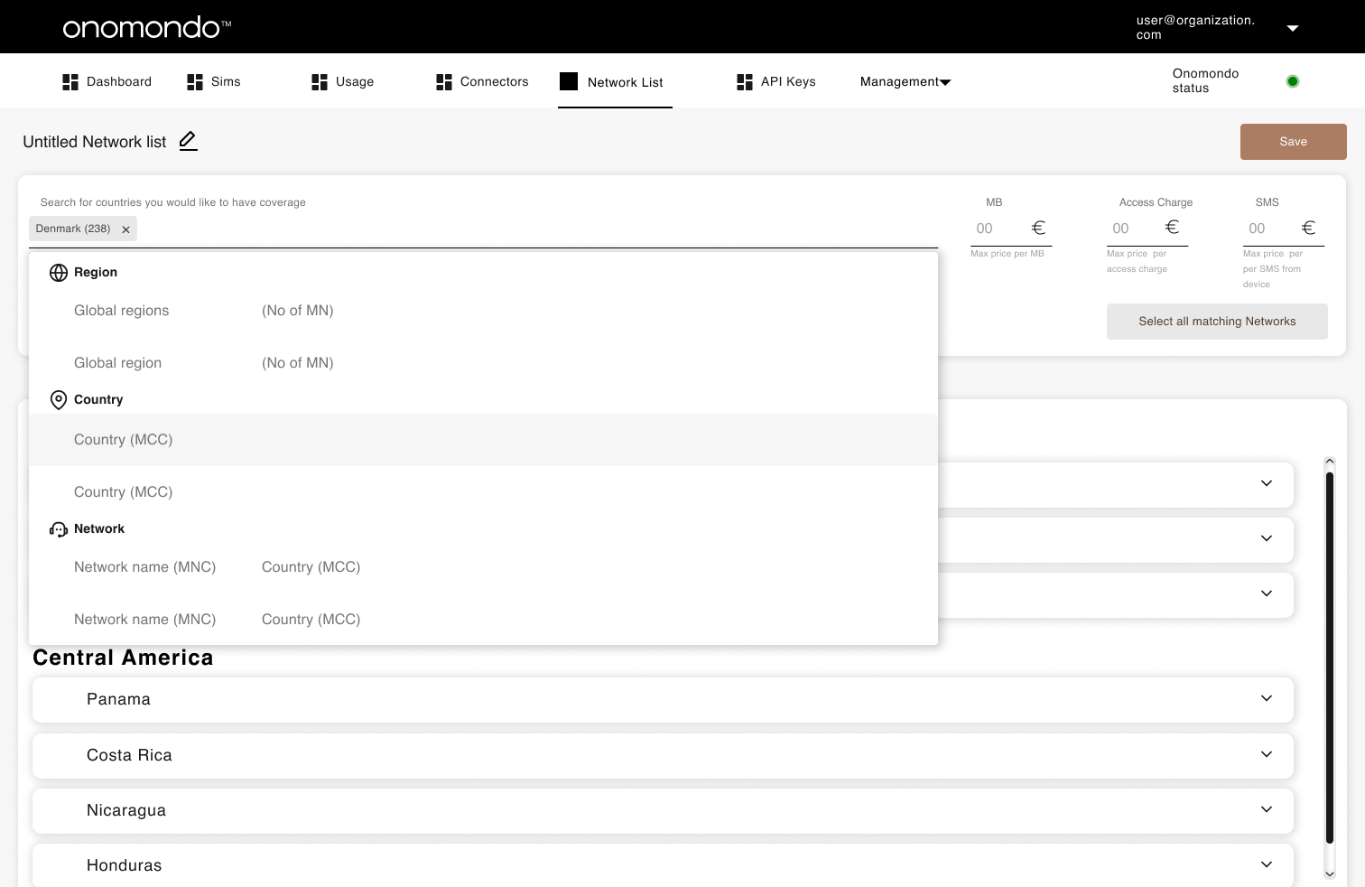 Search dropdown open showing Region, Country, and Network filter categories