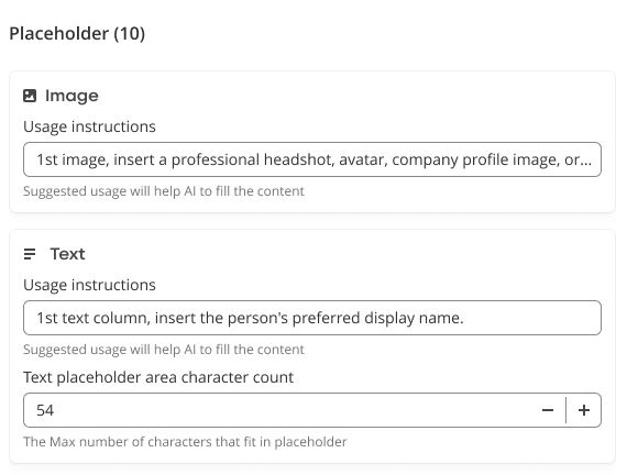 Shipped placeholder fields: usage instructions per image and text placeholder, and a character count with minus and plus controls.