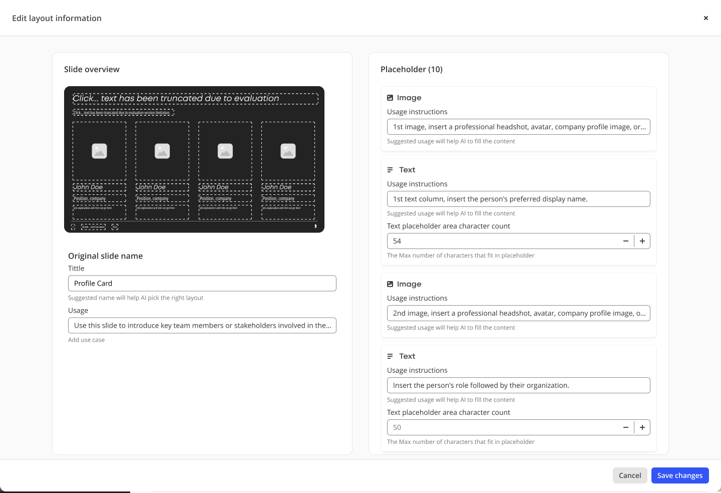 Edit layout information modal: slide preview with original name and usage on the left, image and text placeholders with usage instructions and character counts on the right.