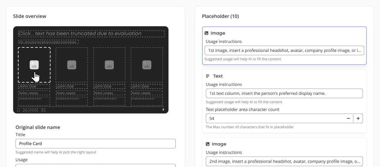 Edit layout modal: a box selected in the slide preview and the matching image placeholder fields highlighted in the list.