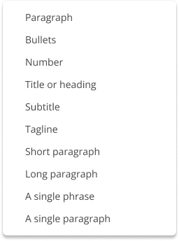 Text hints: paragraph, bullets, number, title or heading, subtitle, tagline, short paragraph, long paragraph, a single phrase, a single paragraph.