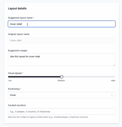 First layout details form: suggested layout name, original name, suggested usages, visual appeal slider, positioning and content sections.