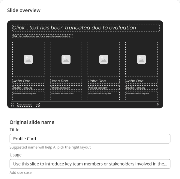 Shipped layout fields: slide preview, then the title and usage the model suggested.