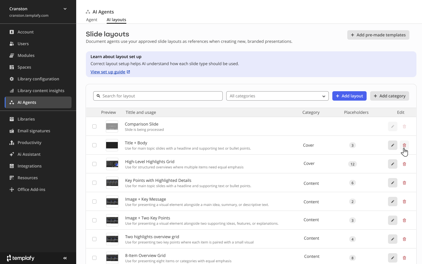 Slide layouts in phase two: layouts with category, placeholder count, edit and delete actions, one row still processing.