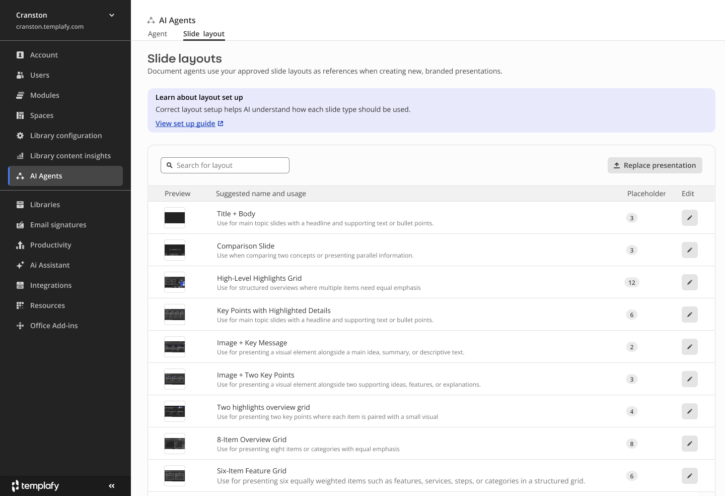 Slide layouts list in AI Agents: preview, suggested name and usage written by the model, placeholder count and edit button.