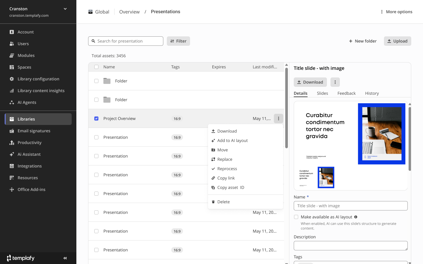 Slide library with a presentation selected and the context menu open on Add to AI layout.