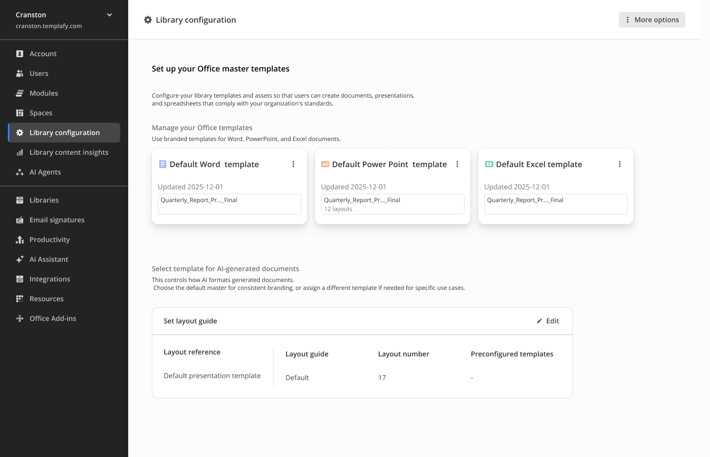 Updated library configuration: Office master templates with a layout guide setting below.