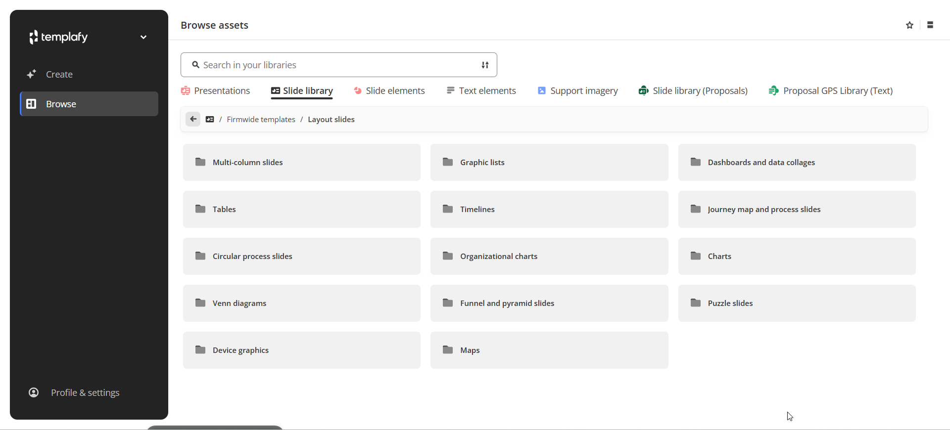 Layout slides folder in the slide library: multi-column slides, tables, charts, timelines, process slides, org charts and maps.