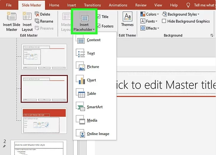 PowerPoint slide master with the Insert Placeholder menu open: content, text, picture, chart, table, SmartArt, media and online image.
