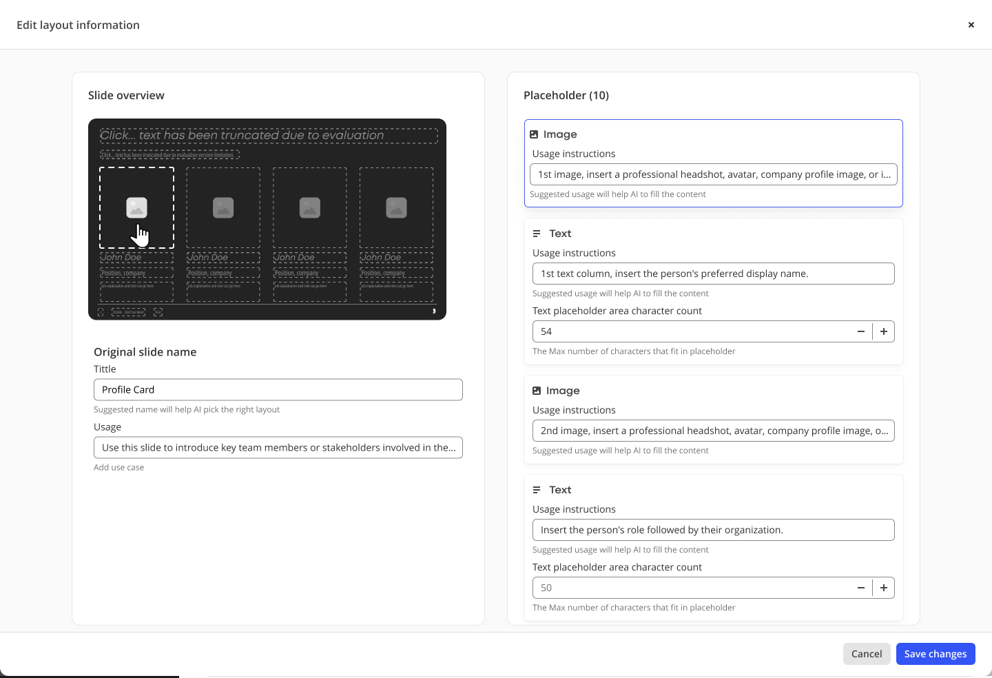 Edit layout modal with a box clicked in the slide preview and the matching placeholder fields highlighted.