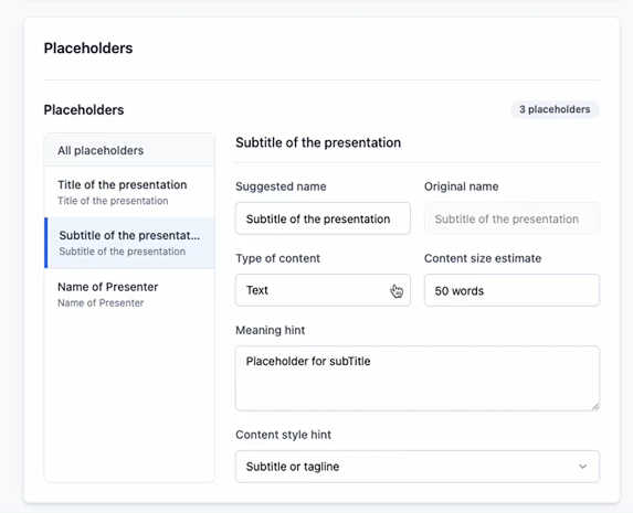 First placeholder details form: list of placeholders with suggested name, type of content, content size estimate, meaning hint and content style hint.