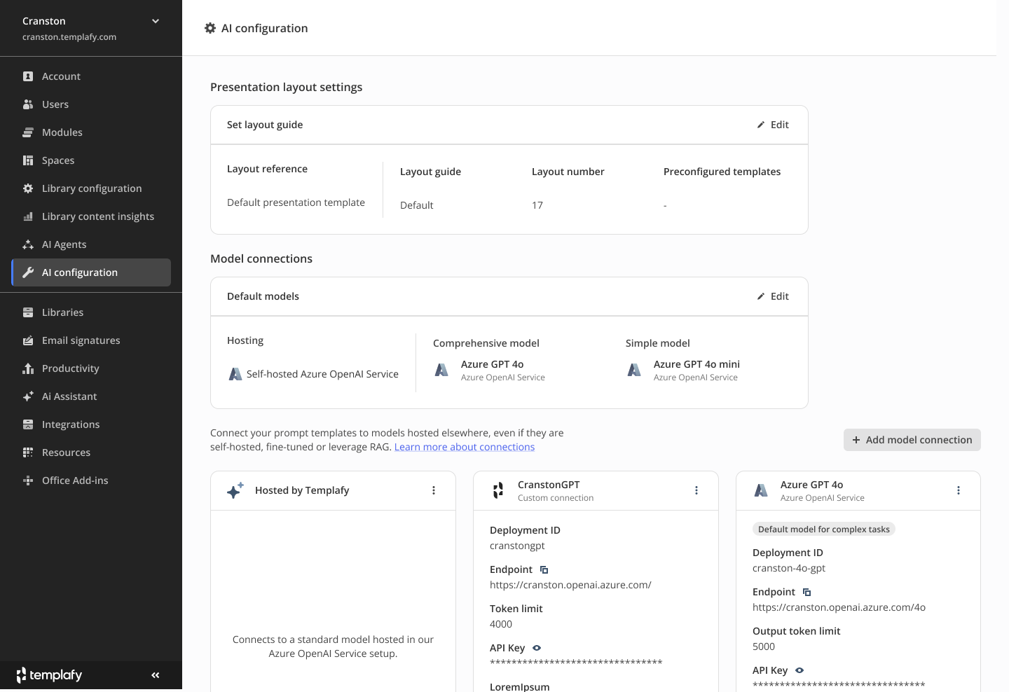 Admin center AI configuration page with presentation layout settings and model connections.