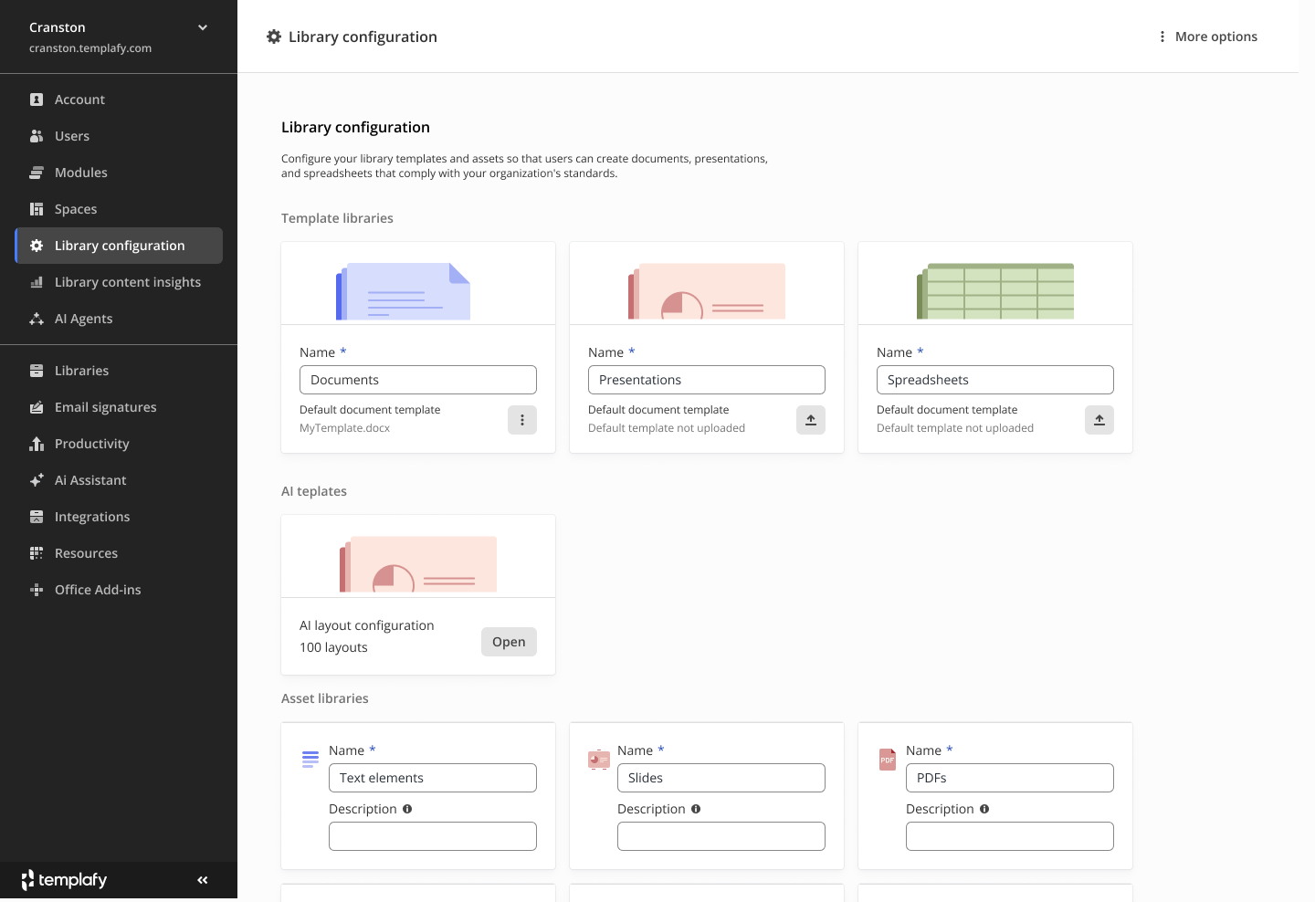 Admin center library configuration with template libraries and an AI layout configuration card.