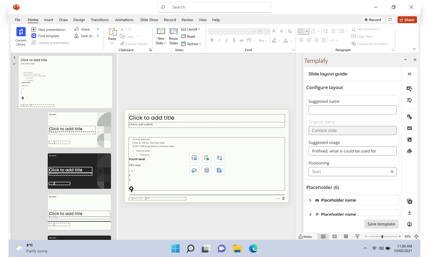 PowerPoint with a Templafy task pane open for configuring a slide layout: suggested name, usage, positioning and placeholders.