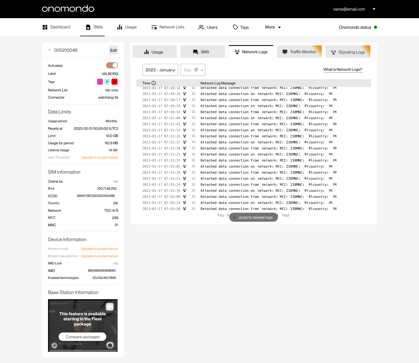 SIM detail page with Network Logs tab open, showing attach and detach events with timestamps on MCC 238 MNC 01 Denmark