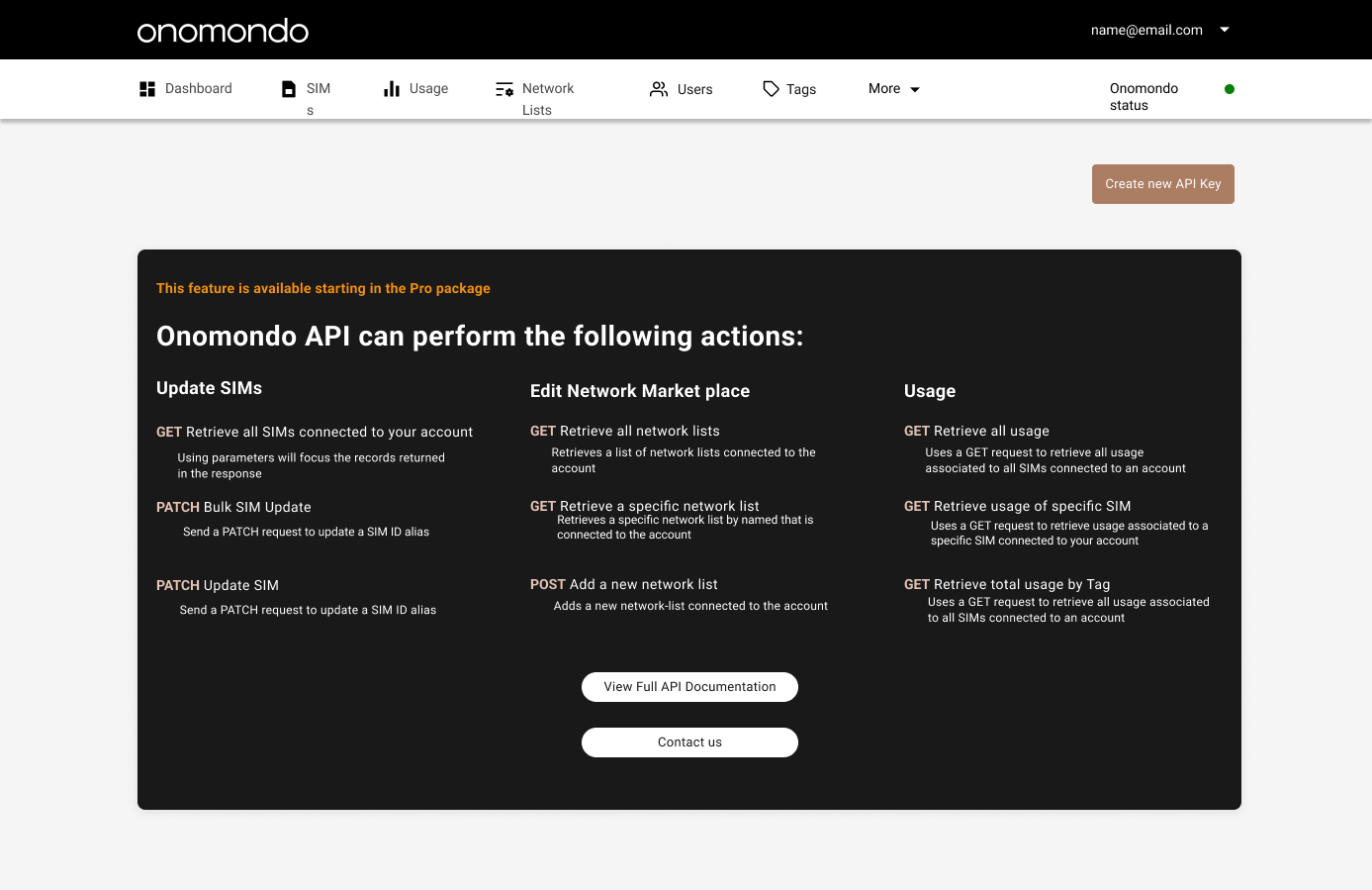 API Keys page gated behind the Pro package, listing available SIM, network list and usage actions