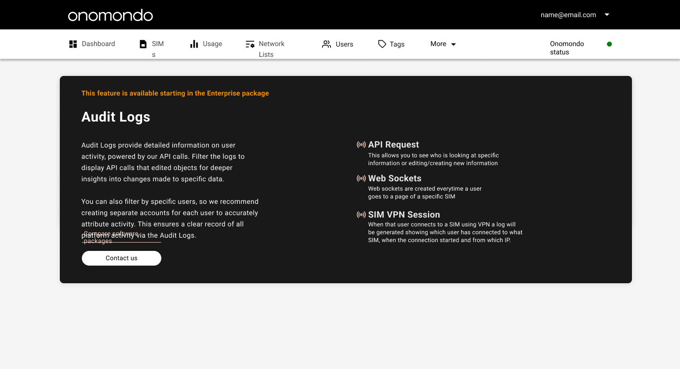 Audit Logs page gated behind the Enterprise package, describing user activity tracking via API requests, web sockets and SIM VPN sessions