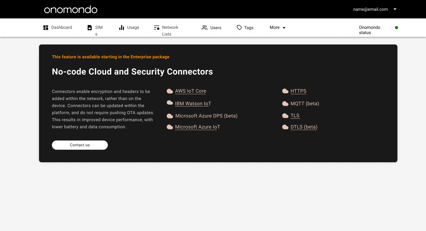 No-code Cloud and Security Connectors page gated behind the Enterprise package, listing AWS IoT Core, IBM Watson IoT, Azure, HTTPS, MQTT and TLS options