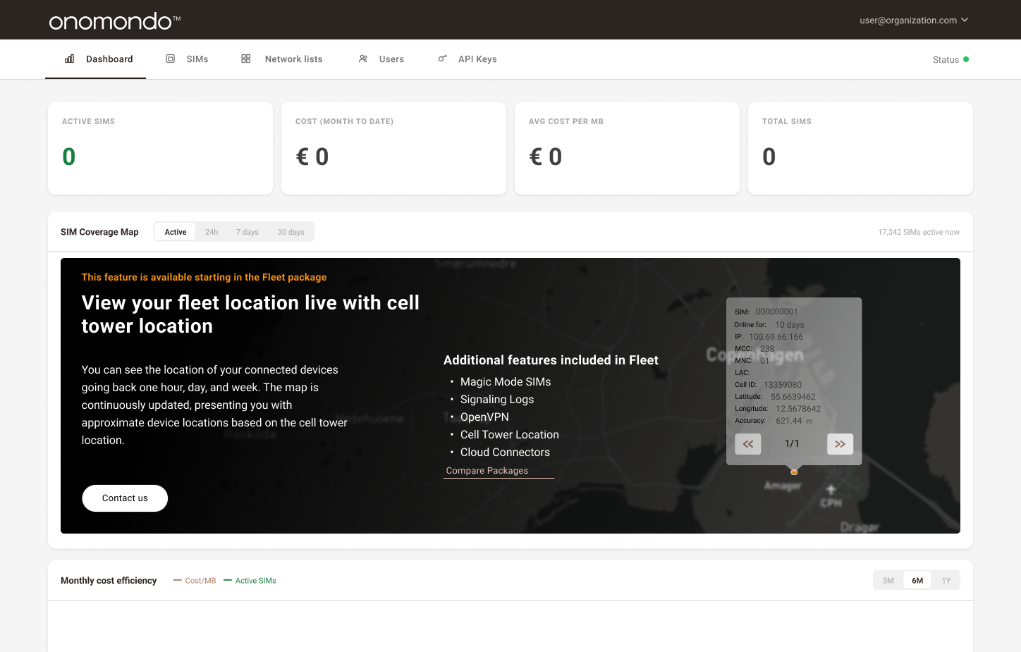 Empty Onomondo dashboard: 0 active SIMs, 0 cost, 0 total SIMs and a Fleet upgrade banner covering the SIM coverage map