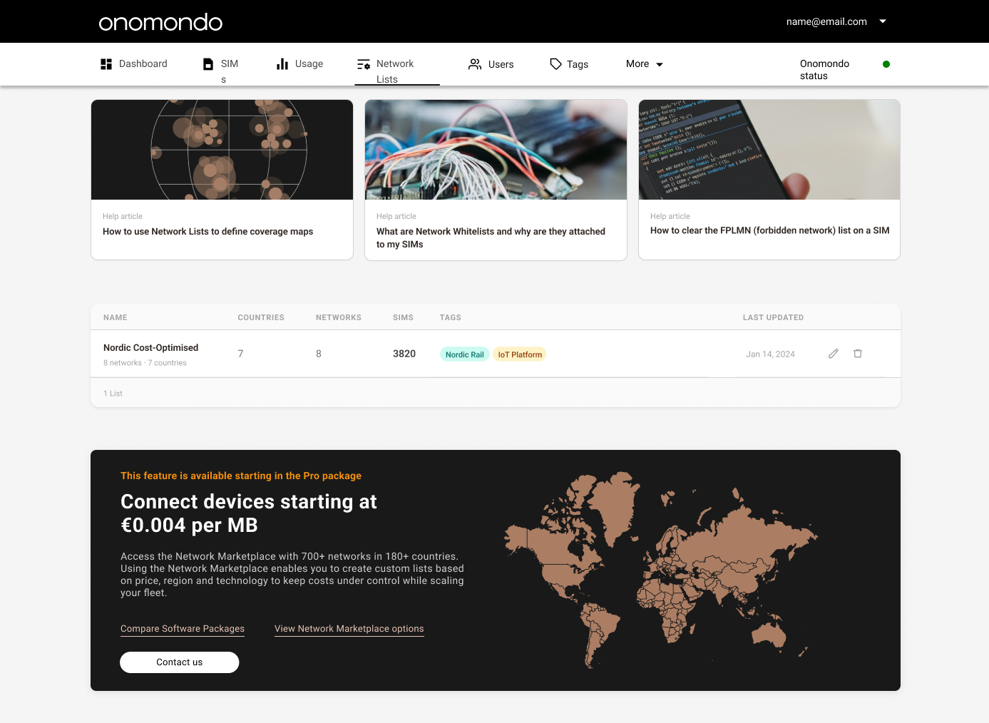 Network Lists page with one active list and a Pro package upgrade banner pitching the Network Marketplace