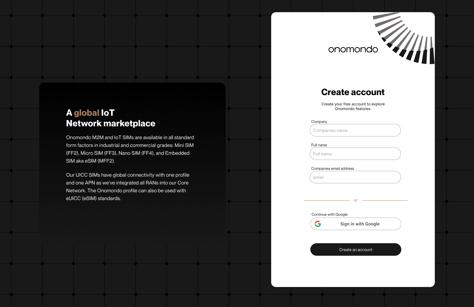 Register screen with the global IoT network marketplace map next to the create-account form
