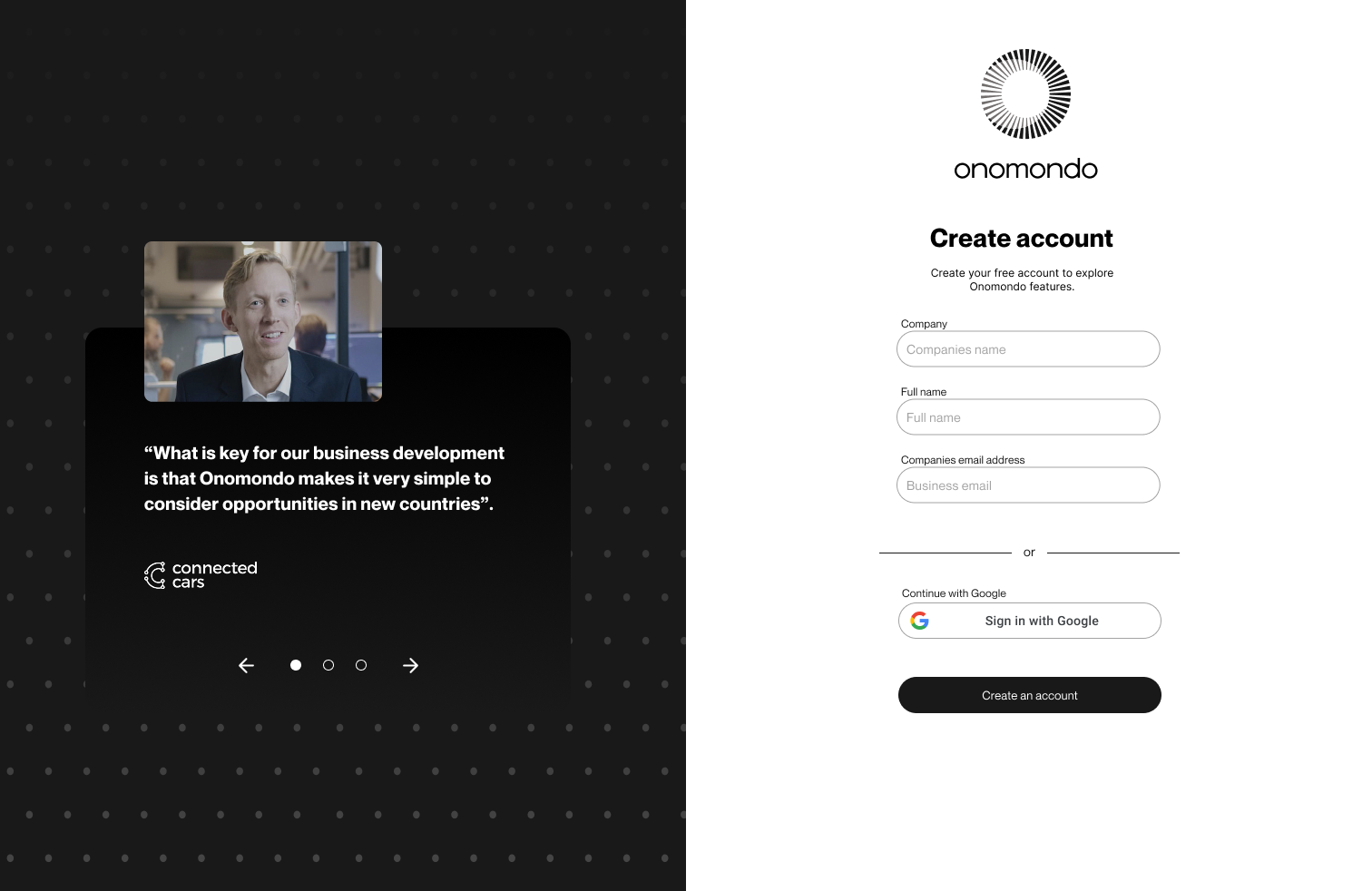 Register screen with a Connected Cars customer testimonial quote next to the create-account form