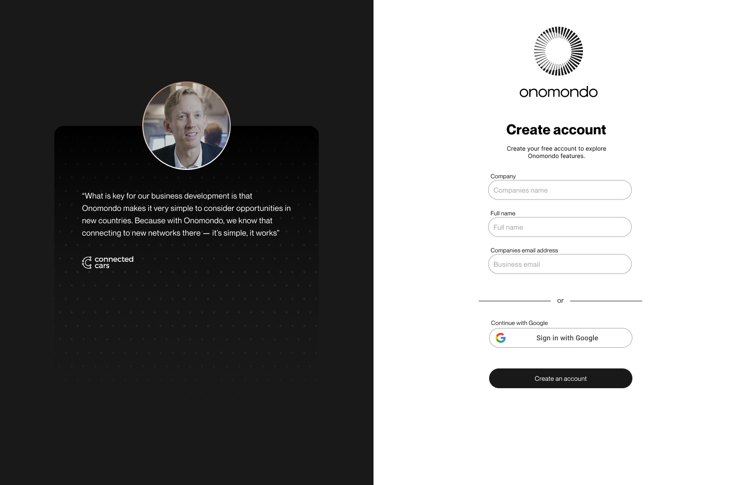 Register screen with a customer testimonial variation