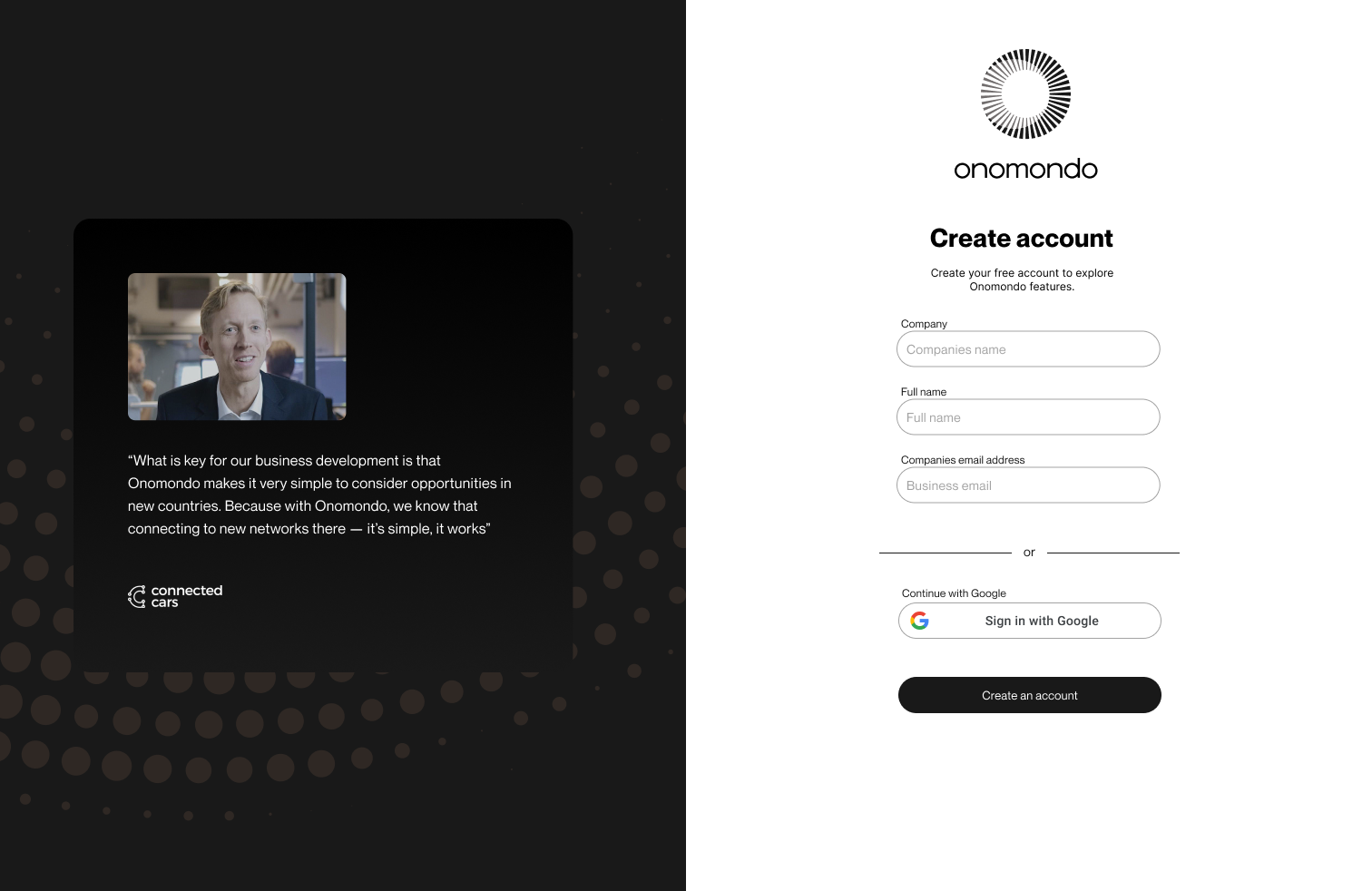 Register screen with a customer testimonial variation