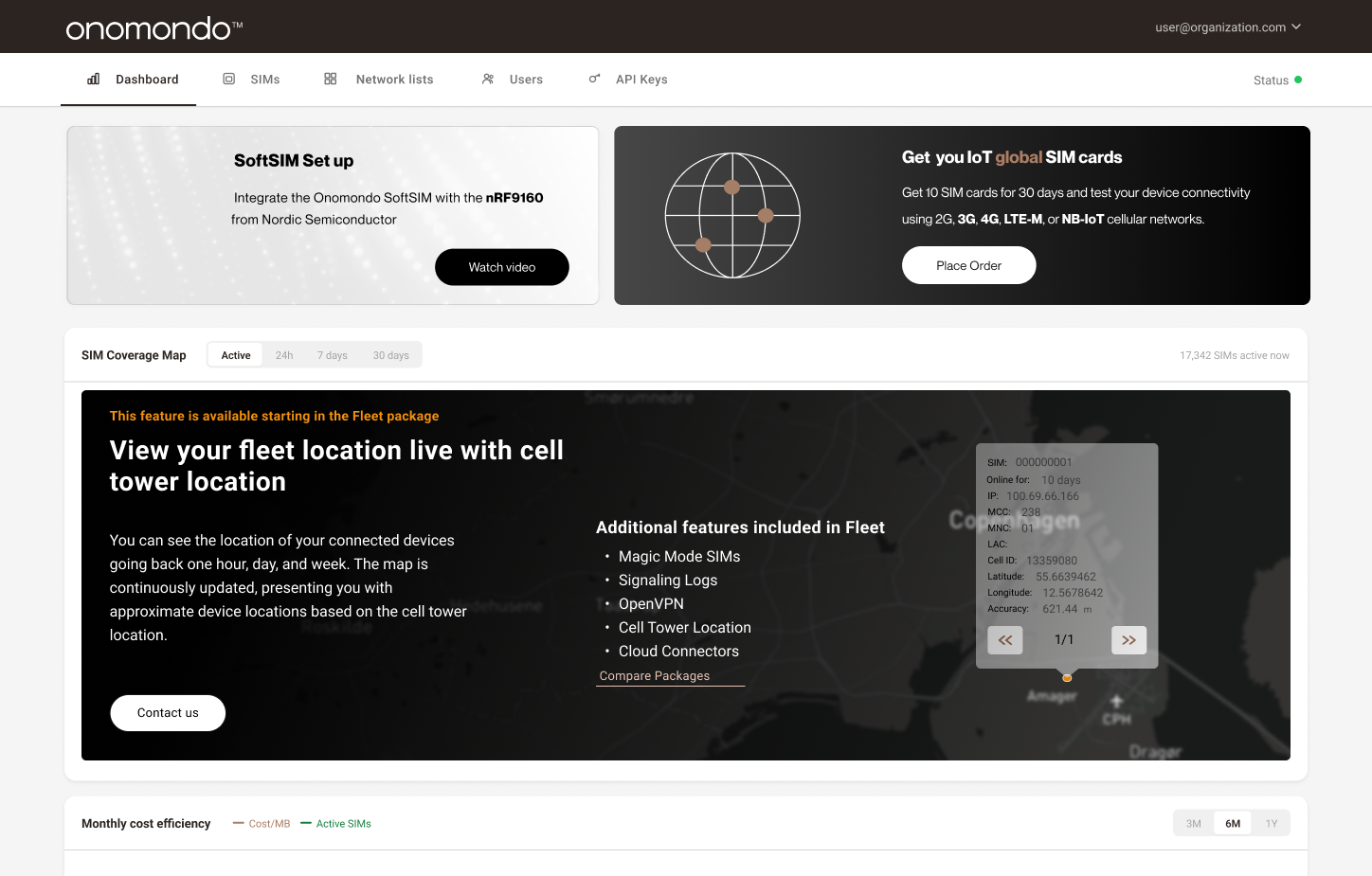 Onomondo dashboard with the Get you IoT global SIM cards card and a Place Order button for ordering 10 SIMs for 30 days
