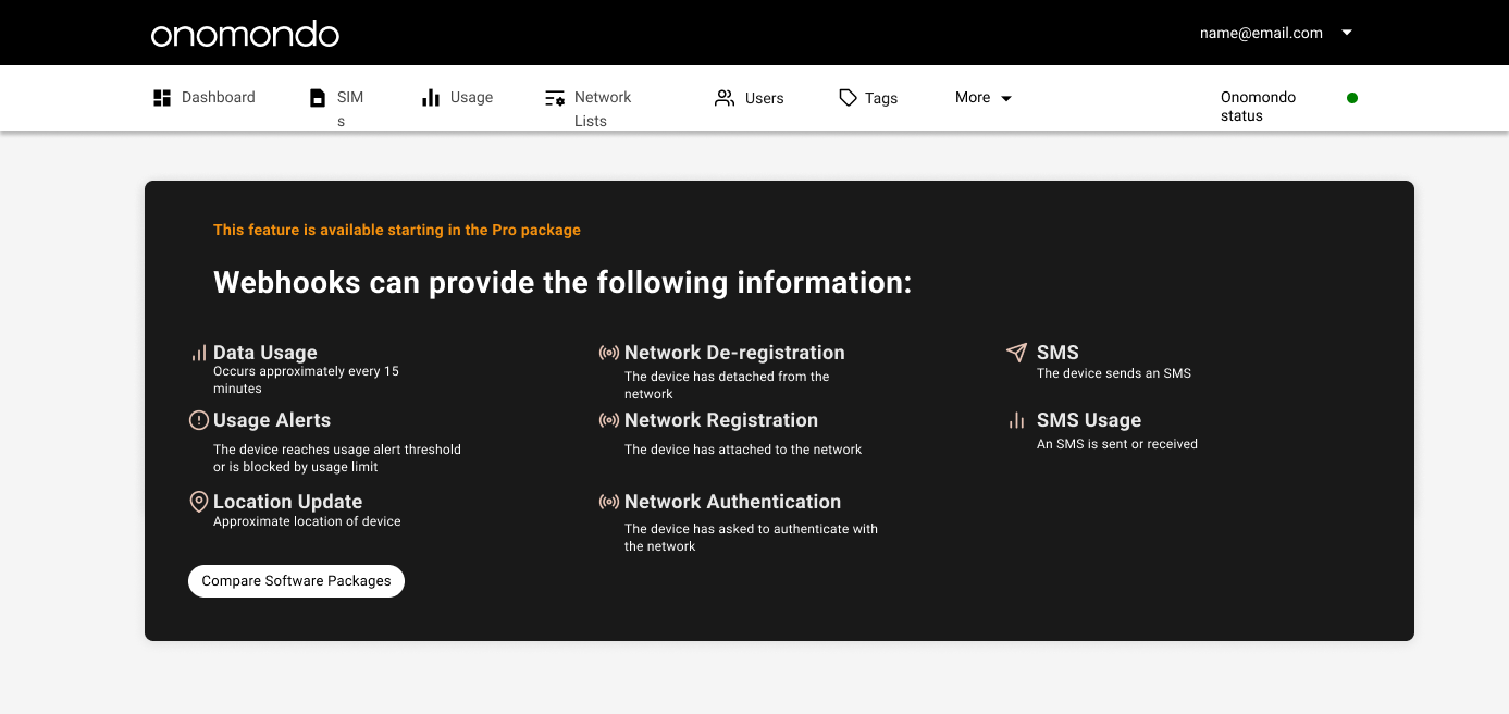 Webhooks page gated behind the Pro package, listing the events webhooks can send