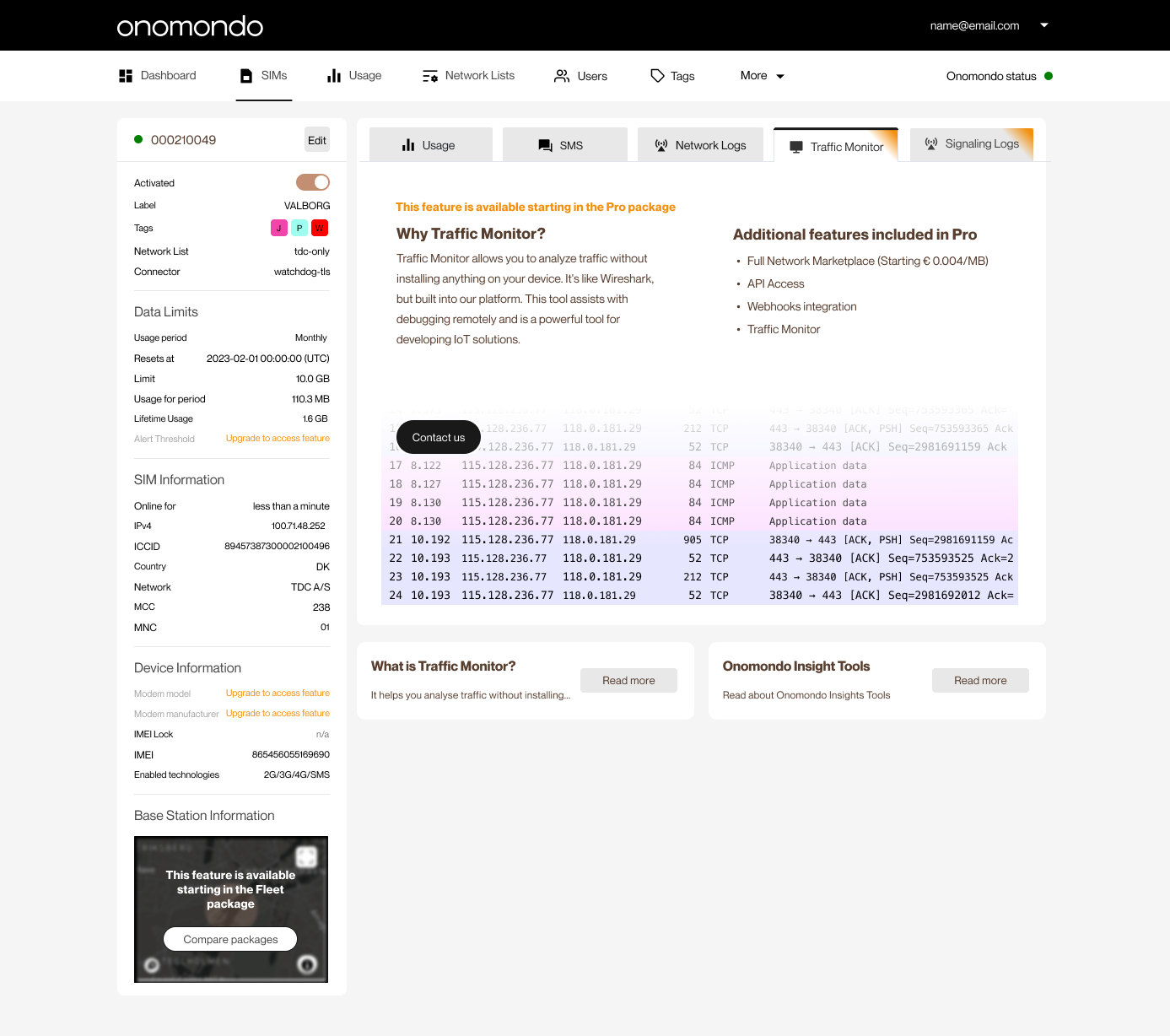SIM detail page with Traffic Monitor tab open, Pro package gate describing Wireshark-style traffic inspection and additional Pro features